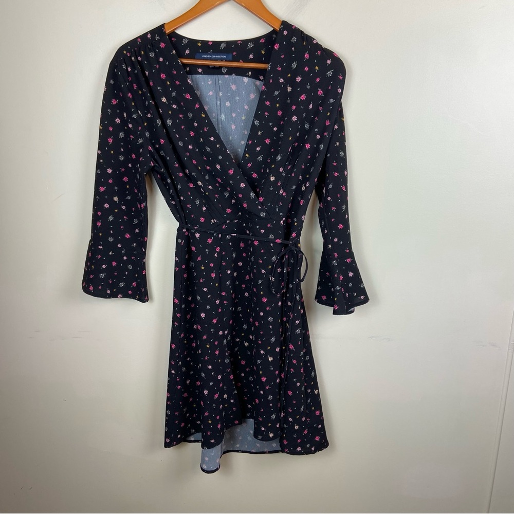 French Connection Black Wrap Midi Dress with Pink Floral Print